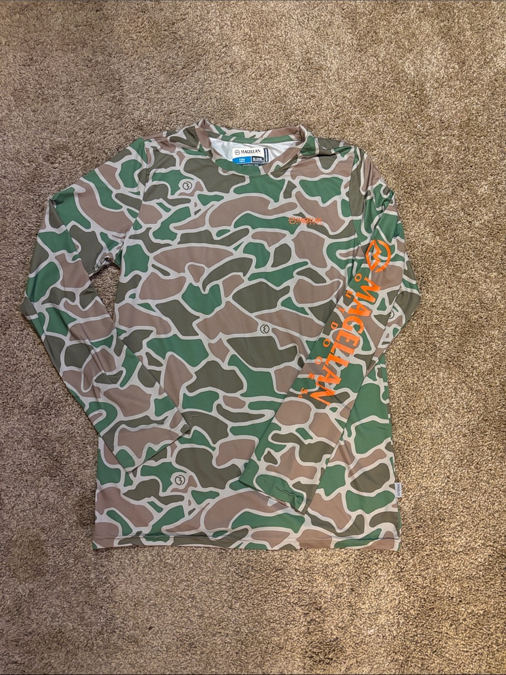 Magellan Outdoors Green/Brown Camo Long Sleeve Tee with Orange Logo